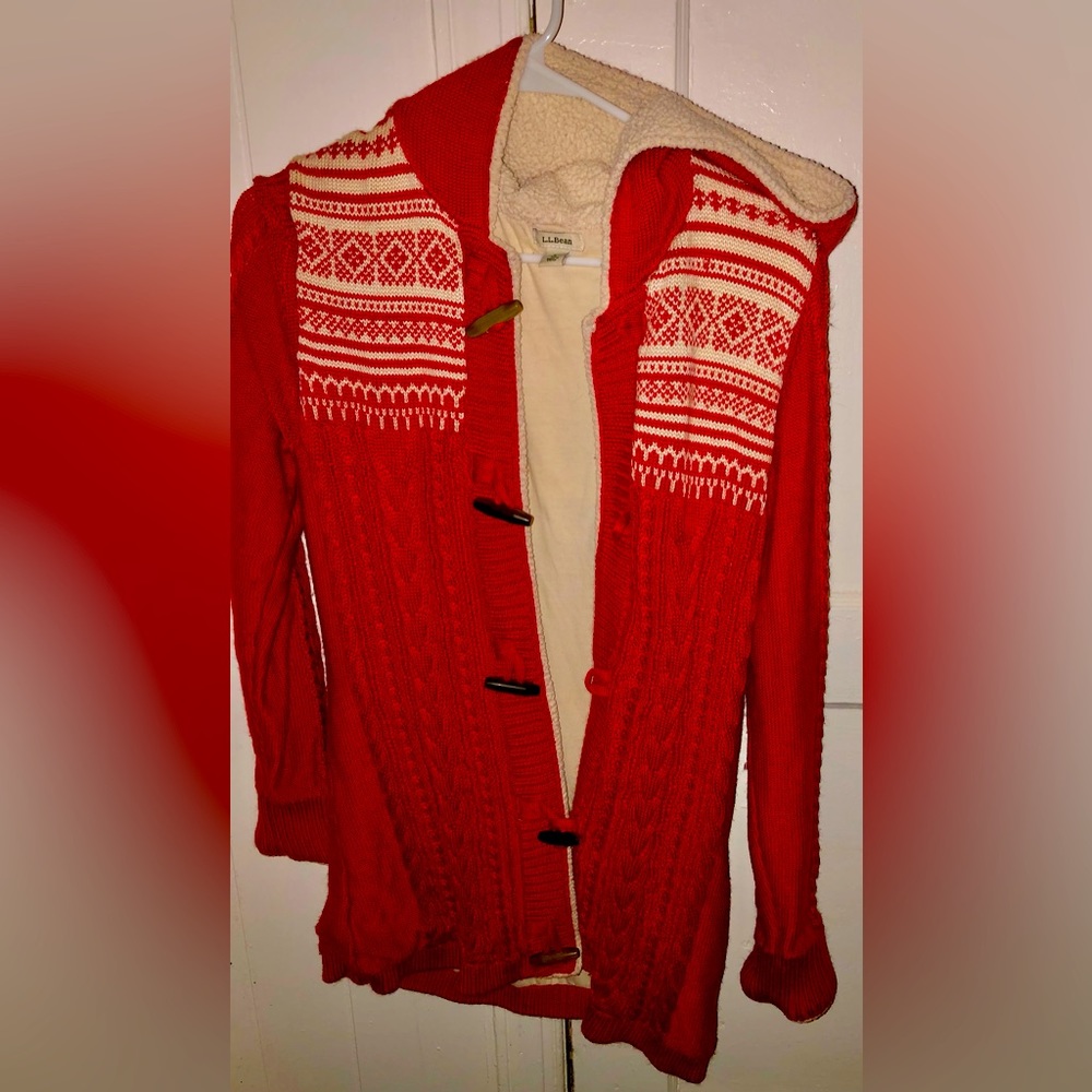 Vintage LL Bean Sweater Jacket With Hood | Small | Red And White